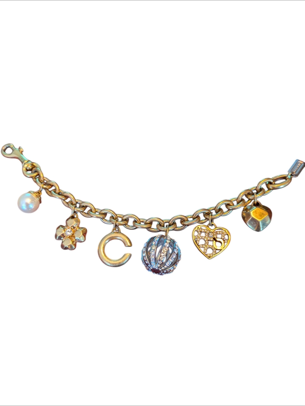 Coach Vintage Gold-Tone Charm Bracelet with Pearl, Crystal Orb & Heart Charm
